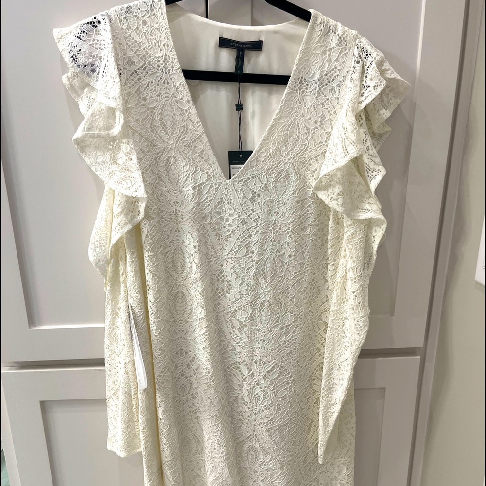 NWT BCBG ivory lace dress with cold shoulder sleeves